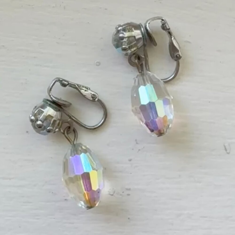 Glass Aurora Borealis Drop Dangle Clip-On Earrings